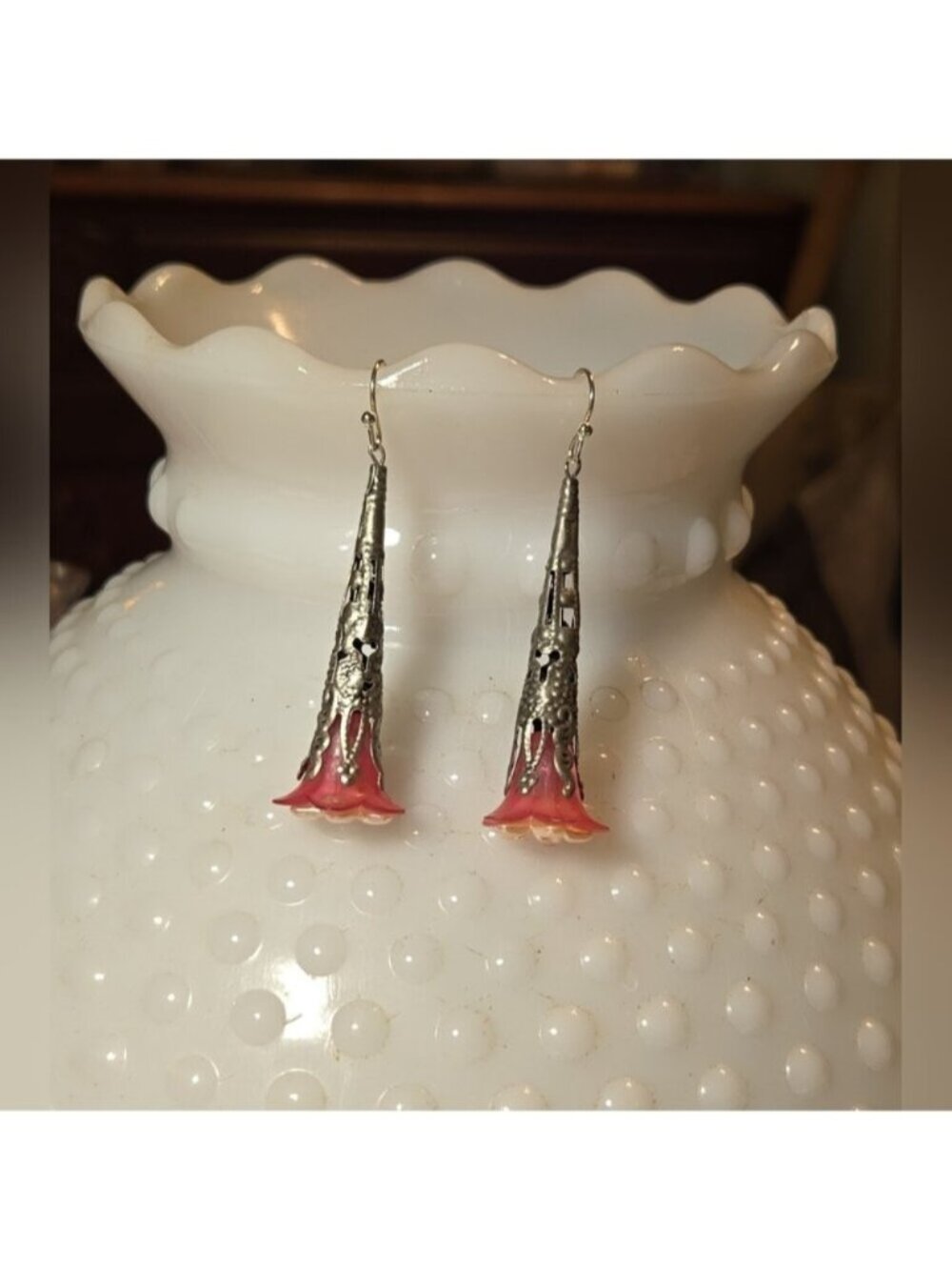 Handmade Vintage Style Silver and Pink Flower Earrings